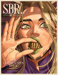 1boy absurdres beard blonde_hair border character_name commentary english_commentary english_text facial_hair finger_in_own_mouth gold_teeth green_eyes green_lips grills gyro_zeppeli haddockkkk hat high_collar highres jojo_no_kimyou_na_bouken long_hair looking_at_viewer makeup male_focus portrait purple_shirt shirt solo steel_ball_run teeth