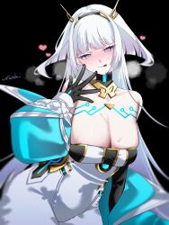 1girl black_gloves blue_jacket blush bodysuit breasts cleavage eudie_(shadowverse) gloves heart heart-shaped_pupils heart_in_eye highres jacket large_breasts leotard long_hair looking_at_viewer open_clothes open_mouth sanzakasun shadowverse shadowverse:_worlds_beyond simple_background solo symbol-shaped_pupils symbol_in_eye torn_clothes torn_leotard very_long_hair white_bodysuit white_hair