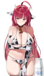Rule 34 | 1girl, ahoge, animal ears, animal print, arm under breasts, bell, bikini, blush, bottle, breasts, character request, cleavage, collarbone, copyright request, cow ears, cow horns, cow print, cow print bikini, cow print gloves, cow print thighhighs, cowbell, elbow gloves, fake animal ears, fake horns, gloves, hair intakes, highres, holding own arm, horns, large breasts, long hair, looking to the side, micro bikini, milk bottle, moobong, multicolored hair, navel, neck bell, print bikini, print gloves, print thighhighs, red eyes, red hair, simple background, solo, standing, streaked hair, swimsuit, thighhighs, virtual youtuber, white background