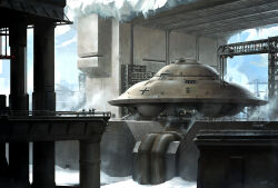 Rule 34 | 2others, alternate universe, antarctica, balkenkreuz, blue sky, cross, darren tan, day, flying saucer, ice, industrial pipe, military base, multiple others, original, people, pillar, scaffolding, scenery, sky, spacecraft, spacecraft turret, steel beam, truss, ufo