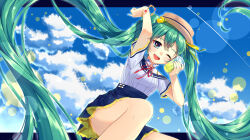 Rule 34 | 1girl, ;d, blue eyes, blue skirt, blue sky, blush, bracelet, breasts, brown hat, cloud, cup, disposable cup, drinking straw, food-themed hair ornament, frilled skirt, frills, green hair, hair ornament, hair ribbon, hat, hatsune miku, highres, holding, holding cup, jewelry, lemon hair ornament, letterboxed, long hair, looking at viewer, medium breasts, natsume kei, neck ribbon, one eye closed, open mouth, ribbon, shirt, short sleeves, skirt, sky, smile, solo, teeth, twintails, upper teeth only, very long hair, vocaloid, white shirt, yellow ribbon