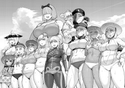 1boy 6+girls abs beach bikini black_sclera breasts character_request cleavage closed_eyes cloud colored_sclera dark_skin elf elf-san_wa_yaserarenai. elfuda_(elf-san_wa_yaserarenai.) fangs flat_chest float gonda_(elf-san_wa_yaserarenai.) hair_over_eyes halfling hat headgear hidden_eyes highres hitomi_(elf-san_wa_yaserarenai.) honeda_(elf-san_wa_yaserarenai.) horns huge_breasts kobo_(elf-san_wa_yaserarenai.) kuroeda_(elf-san_wa_yaserarenai.) kusahanada_(elf-san_wa_yaserarenai.) large_breasts loli looking_at_another mero_(elf-san_wa_yaserarenai.) monochrome multiple_girls muscular muscular_female naoe_(elf-san_wa_yaserarenai.) navel o-ring o-ring_bikini oga_(elf-san_wa_yaserarenai.) ogre oni ooeda_(elf-san_wa_yaserarenai.) open_mouth plump pointy_ears raika_(elf-san_wa_yaserarenai.) scar scared side-tie_bikini_bottom size_difference skeleton_print sky smile standing sweat swimsuit synecdoche thick_thighs thighs tongue tongue_out topknot twintails wide_hips