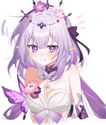 1girl absurdres black_tiara blush breasts castorice_(honkai:_star_rail) closed_mouth commentary_request dress flower flower_ornament hair_flower hair_ornament highres honkai:_star_rail honkai_(series) iga_(millmlml) long_hair looking_at_viewer medium_breasts pointy_ears purple_eyes purple_hair simple_background solo tiara upper_body white_background white_dress