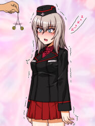 Rule 34 | 1girl, 1other, @ @, afterimage, black headwear, black jacket, blue eyes, blush, coin, commentary request, cowboy shot, dress shirt, empty eyes, garrison cap, girls und panzer, grey hair, hat, holed coin, hypnosis, insignia, itsumi erika, jacket, kuromorimine military uniform, long sleeves, looking to the side, medium hair, military hat, military uniform, mind control, miniskirt, motion lines, oosaka kanagawa, open mouth, out of frame, partial commentary, pleated skirt, red shirt, red skirt, saliva, shirt, skirt, standing, trembling, wing collar