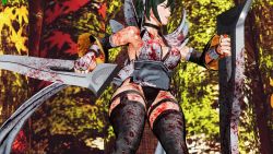 1girl 3d apron black_hair black_leotard blood breasts butterfly_swords curvy defeat forest highleg highleg_leotard highres holding holding_weapon iroha_(samurai_spirits) large_breasts leotard lips lying maid maid_headdress moaning nature ryona samurai_spirits screencap shiny_skin short_hair skindentation solo thighhighs third-party_edit thong_leotard weapon wide_hips