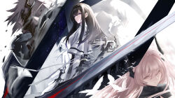 Rule 34 | 1boy, 2girls, absurdres, arknights, bird, black hair, black horns, black shirt, closed mouth, grey eyes, hair between eyes, hairband, highres, horns, long hair, long sleeves, looking at viewer, multiple girls, pink eyes, pink hair, priestess (arknights), shirt, theresa (arknights), theresis (arknights), white shirt, wide shot, zuishangxi