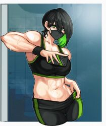 Rule 34 | 1girl, abs, arm up, black hair, border, cellphone, colored inner hair, commentary, commission, cowboy shot, green eyes, highres, holding, holding phone, leaning on object, looking at viewer, makdraw25, mask, mouth mask, multicolored hair, navel, original, phone, smartphone, solo, sportswear, stomach, sweat, symbol-only commentary, toned, toned female, white border
