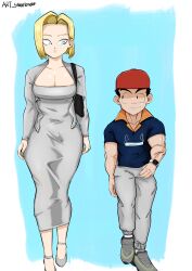 Rule 34 | 1boy, 1girl, absurdres, android 18, black eyes, black hair, blonde hair, blue eyes, breasts, cleavage, couple, date, dragon ball, dress, happy, highres, husband and wife, kuririn, muscular, muscular male, smile, thick thighs, thighs, watch