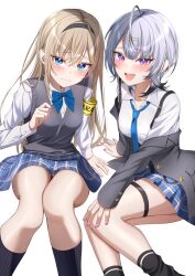 2girls absurdres ahoge armband black_hair black_socks blonde_hair blue_bow blue_bowtie blue_eyes blue_necktie blue_skirt blush bow bowtie breasts buttons chain collarbone commentary_request earrings fang gradient_hair grey_hair grey_jacket grey_sweater_vest hair_ornament hairband hairclip highres jacket jewelry kunimine_yuzuki long_sleeves looking_at_viewer multicolored_hair multiple_girls necktie off_shoulder open_clothes open_jacket open_mouth original overalls pink_nails plaid_clothes plaid_skirt pleated_skirt purple_eyes shirt sitting skirt small_breasts smile socks sweater_vest thigh_strap white_background white_hair white_shirt