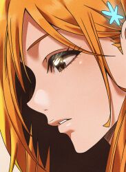 Rule 34 | 1girl, bleach, brown eyes, female focus, hair ornament, hairclip, highres, inoue orihime, light blush, lips, long hair, n (nauki 11), orange hair, shiny skin, teeth