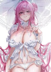 Rule 34 | 1girl, bibie307, bikini, breasts, cleavage, commentary request, cowboy shot, dorothy (nikke), dorothy (serendipity) (nikke), dress, goddess of victory: nikke, hair bun, highres, holding, holding umbrella, large breasts, long hair, navel, official alternate costume, pink hair, purple eyes, simple background, single side bun, smile, solo, stomach, swimsuit, thighs, umbrella, very long hair, white background, white bikini, white dress