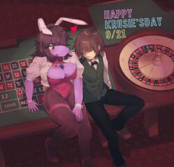 1girl 1other absurdres animal_ears ankle_strap antenna_hair arm_support between_breasts black_pants blush bow bowtie breasts brown_hair brown_pantyhose brown_shoes carpet cleavage collared_shirt colored_sclera colored_skin commentary cropped_jacket deltarune english_text fake_animal_ears foot_out_of_frame from_above furry furry_female green_bow green_bowtie green_eyes green_vest hair_over_eyes hand_on_own_thigh heart high_heels highres indoors jacket komugiko_(bitte_komu) kris_(deltarune) large_breasts leotard long_hair long_sleeves looking_at_another on_table open_clothes open_jacket other_with_female pants pantyhose parted_lips playboy_bunny poker_chip puffy_short_sleeves puffy_sleeves purple_skin rabbit_ears red_bow red_bowtie red_shoes roulette_table shirt shoes short_hair short_sleeves sitting skindentation strapless strapless_leotard susie_(deltarune) table thigh_strap traditional_bowtie vest waistcoat white_jacket white_shirt white_wrist_cuffs wrist_cuffs yellow_sclera