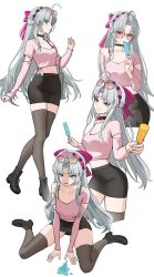 1girl @_@ absurdres ahoge alternate_costume aqua_eyes black_choker black_skirt black_thighhighs bow breasts carlotta_(wuthering_waves) chinese_commentary choker closed_mouth collarbone commentary_request eyewear_on_head food grey_bag grey_hair hair_bow hairband highres holding holding_food holding_popsicle long_hair looking_at_viewer medium_breasts midriff multiple_views parted_bangs penis_shadow phallic_symbol pink_bow pink_hairband pink_shirt popsicle raidriar_18 shirt simple_background single_bare_shoulder single_off_shoulder sitting skirt smile striped_bow sunglasses tearing_up thighhighs thighs very_long_hair wariza watermelon_bar white_background wuthering_waves