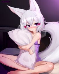 1girl absurdres animal_ear_fluff animal_ears babydoll barefoot blush chenki_(chenki) commentary english_commentary fox_ears fox_girl fox_tail grey_hair hair_ornament heart heart_hair_ornament highres hugging_object indian_style nose_blush open_mouth phase_connect pillow pillow_hug purple_babydoll purple_eyes short_hair sitting solo tail tenma_maemi thick_eyebrows virtual_youtuber