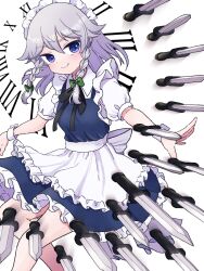 Rule 34 | 1girl, apron, back bow, black bow, black bowtie, bow, bowtie, braid, closed mouth, commentary, green bow, grey hair, hair bow, izayoi sakuya, knife, long hair, looking at viewer, maid, maid headdress, purple eyes, roman numeral, roudendayo, smile, solo, touhou, twin braids, waist apron, white apron, white bow, wrist cuffs