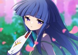 1girl blue_hair blurry blurry_background blurry_foreground fox_mask furude_rika highres higurashi_no_naku_koro_ni long_hair looking_at_viewer loose_hair_strand mask poyadevil purple_eyes solo standing unworn_mask