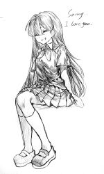 1girl :d ^_^ absurdres arm_support arms_at_sides closed_eyes collared_shirt double-parted_bangs english_text facing_ahead full_body greyscale grin hair_between_eyes hashtag-only_commentary hatching_(texture) highres invisible_chair kneehighs long_hair makucrp mari_(headspace)_(omori) mari_(omori) mary_janes miniskirt monochrome neckerchief omori open_mouth pleated_skirt shirt shoes short_sleeves simple_background sitting skirt smile socks solo sweater_vest very_long_hair white_background