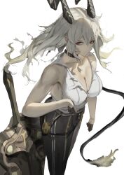 1girl absurdres bare_shoulders black_choker black_gloves black_horns black_pants black_tail breasts choker cleavage closed_mouth collarbone commentary cowboy_shot curled_horns gloves hair_between_eyes high-waist_pants highres horns large_breasts long_hair looking_at_viewer pants red_eyes shield shirt shirt_tucked_in solo torn_clothes torn_shirt wen54 white_shirt wuthering_waves zani_(wuthering_waves)