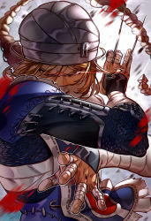 1girl androgynous armor bandages between_fingers blonde_hair braid covered_mouth female_focus fighting_stance highres holding long_hair needle nintendo nips_(ohnips) pointy_ears red_eyes reverse_trap scale_armor serious sheik single_braid solo surcoat the_legend_of_zelda the_legend_of_zelda:_ocarina_of_time turban weapon