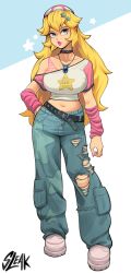 Rule 34 | 1girl, alternate costume, arm warmers, artist name, belt, black belt, black collar, blonde hair, blue eyes, blue pants, boots, breasts, collar, collarbone, denim, full body, hair behind ear, hair ornament, highres, jeans, jewelry, large breasts, long hair, looking up, mario (series), midriff, navel, necklace, nintendo, off shoulder, pants, pink arm warmers, pink hair, pink lips, princess peach, puckered lips, shirt, sleak, solo, star (symbol), star hair ornament, streetwear, super star (mario), thick lips, torn clothes, torn pants, very long hair, white boots