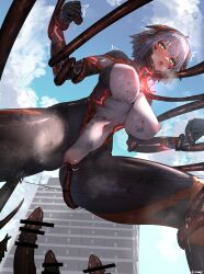 1girl absurdres bar_censor blue_sky blush bodysuit breasts building censored cloud colossus_(natsukaze_shigure) covered_erect_nipples covered_navel day dirty dirty_clothes dirty_face energy_drain from_below giant giantess green_eyes grey_hair headgear hexagon_print highres imminent_penetration large_breasts magical_girl natsukaze_shigure open_mouth original outdoors peril pussy_juice restrained short_hair skin_tight sky solo tentacle_sex tentacles variant_set