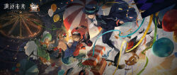 2024 3girls :d ;d aircraft ankle_boots arm_up ascot bird black_coat black_footwear black_hat black_pantyhose black_vest blonde_hair blue_dress blue_neckerchief boater_hat boots bow brown_hair cabbie_hat chin_strap coat copyright_name dress drill_hair elbow_gloves floating gloves green_dress green_eyes green_footwear green_gloves green_hat grey_eyes grey_hair hair_bun hat highres holding holding_removed_eyewear hot_air_balloon instrument jacket knees_up logo long_dress long_sleeves looking_at_viewer looking_to_the_side low_twintails multiple_girls neckerchief night official_art one_eye_closed open_mouth orange_bow pantyhose party_popper polka_dot_neckerchief puffy_long_sleeves puffy_sleeves record red_jacket red_socks regulus_(reverse:1999) reverse:1999 shirt short_dress short_hair single_side_bun sleeveless sleeveless_dress smile socks sotheby streamers sunglasses tambourine toucan twin_drills twintails umbrella unworn_eyewear vertin_(reverse:1999) vest waistcoat white_ascot white_shirt