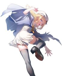 Rule 34 | 1girl, ass, ass focus, black footwear, black ribbon, black socks, black thighhighs, blonde hair, blue capelet, blue eyes, capelet, child, dress, female focus, frenda seivelun, hand up, hat, hat ribbon, highres, kneehighs, long hair, looking at viewer, looking back, miniskirt, nilitsu, official art, open mouth, ribbon, skirt, socks, solo, solo focus, standing, thighhighs, thighs, toaru anbu no item, toaru majutsu no index, torn clothes, torn thighhighs, upskirt, white background, white dress, white hat, white skirt, yellow ribbon