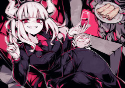 1girl black_necktie black_pants blunt_bangs breasts business_suit collared_shirt crepe cup demon_girl demon_horns drinking_glass feet_out_of_frame food formal_clothes gloves grin helltaker horns index_finger_raised large_breasts limited_palette long_hair lucifer_(helltaker) mole mole_under_eye necktie pancake pants parororo red_eyes red_shirt shirt sidelocks sitting sitting_on_throne smile solo_focus suit white_gloves white_hair white_horns wine_glass