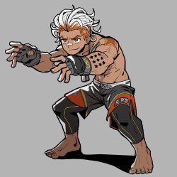 Rule 34 | 1boy, absurdres, arm tattoo, barefoot, black gloves, black shorts, closed mouth, collarbone, dark-skinned male, dark skin, fingerless gloves, forked eyebrows, full body, gloves, grey background, groin, highres, jitome, luke sullivan, male focus, mma gloves, multicolored hair, navel, official alternate color, official alternate eye color, official alternate hair color, official alternate skin color, orange eyes, orange hair, outstretched arms, sach56000, shadow, shorts, shoulder tattoo, simple background, smirk, solo, street fighter, street fighter v, tattoo, topless male, two-tone hair, veins, veiny arms, white hair