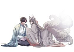 2boys ahoge alternate_universe animal_ears aqua_coat black_hair black_pants book brown_hair chinese_clothes closed_eyes closed_mouth coat coat_on_shoulders collared_shirt fox_boy fox_ears fox_tail full_body grey_coat hair_down hair_ribbon half_updo hand_on_another&#039;s_face hanfu highres holding holding_book kemonomimi_mode kitsune kneeling kyuubi lan_wangji long_hair long_sleeves looking_at_another male_focus modao_zushi multiple_boys multiple_tails official_alternate_costume official_alternate_hairstyle open_book pants red_ribbon ribbon robe seiza semiusa1010 shirt short_hair sidelocks simple_background sitting tail twitter_username very_long_hair watermark wei_wuxian wei_wuxian_(yiling_laozu) white_background white_shirt wide_sleeves yaoi