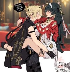 2girls absurdres arm_strap artist_name ass astra_yao black_hair black_pants blonde_hair blush breasts chest_harness cleavage dress drunk earrings evelyn_chevalier gloves grabbing_another&#039;s_ass groping hairband half_gloves hand_on_another&#039;s_cheek hand_on_another&#039;s_face harness heart high-waist_pants highres jacket jewelry knife_sheath large_breasts leg_lock lipstick_mark long_hair long_ribbon mole mole_under_eye multiple_girls multiple_views necklace necktie pants pearl_necklace purple_eyes red_eyes red_jacket red_shrug ring_hair_ornament sheath shirt short_hair single_half_glove skindentation sleepy_kaslana speech_bubble standing_leg_lock steam thigh_beads tight_clothes tight_pants white_dress white_hairband white_shirt yellow_necktie yuri zenless_zone_zero