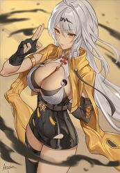 1girl arepko arm_behind_back asymmetrical_gloves black_gloves black_shorts breasts cleavage closed_mouth collar commentary cropped_jacket fingerless_gloves gloves grey_hair hand_up high-waist_shorts highres jacket kuji-in large_breasts long_hair looking_ahead mole mole_on_breast orange_eyes shirt shirt_tucked_in shorts signature single_thighhigh solo thigh_strap thighhighs thighs uneven_gloves veins veiny_breasts very_long_hair white_collar white_shirt yellow_jacket yi_xuan_(zenless_zone_zero) yin_yang zenless_zone_zero