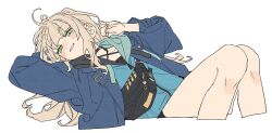 1girl dayama green_eyes kaburaki_roco lying nijisanji on_back simple_background solo virtual_youtuber white_background