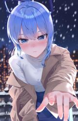 1girl absurdres alternate_costume alternate_hairstyle blue_bow blue_eyes blue_hair blue_skirt blurry blurry_background blush bow breasts brown_coat city closed_mouth coat commentary cowboy_shot double-parted_bangs hair_bow hashtag-only_commentary highres hololive hoshimachi_suisei leaning_forward looking_at_viewer medium_breasts medium_hair night open_clothes open_coat outdoors outstretched_arm ponytail railing reaching reaching_towards_viewer reachisang shirt shirt_tucked_in skirt smile snowing solo standing virtual_youtuber white_shirt