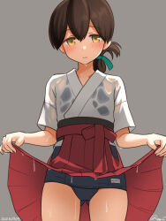 Rule 34 | 1girl, black hair, black one-piece swimsuit, brown eyes, clothes lift, dougi, folded ponytail, gluteal fold, grey background, hakama, hakama lift, hakama short skirt, hakama skirt, japanese clothes, kantai collection, kasuga maru (kancolle), kimono, long hair, old school swimsuit, one-hour drawing challenge, one-piece swimsuit, ray.s, red hakama, school swimsuit, see-through clothes, simple background, skirt, solo, swimsuit, swimsuit under clothes, wet, wet clothes, white kimono