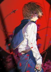 1boy blonde_hair blue_skirt chain hunter_x_hunter kurapika looking_at_viewer looking_back male_focus moon petals red_eyes red_moon shirt signature skirt solo spiked_hair sukja white_shirt