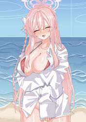 1girl absurdres beach bikini bikini_under_clothes blue_archive blue_sky blush bottomless breasts cleavage commentary_request cosplay day embarrassed facing_viewer halo hanako_(blue_archive) hanako_(blue_archive)_(cosplay) hanako_(swimsuit)_(blue_archive) highres horizon large_breasts long_hair mimori_(blue_archive) nose_blush ocean open_mouth outdoors oversized_clothes oversized_shirt partially_unbuttoned pink_bikini pink_hair pink_halo rynn_(darknescorez) shirt shirt_tug sky smile solo swimsuit