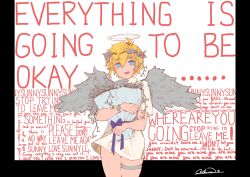 1boy alternate_costume angel_wings antenna_hair basil_(faraway)_(omori) basil_(omori) blonde_hair blue_eyes bouquet english_text fake_halo flower halo head_wreath highres holding holding_bouquet looking_at_viewer male_focus omori open_mouth psychokokuon short_hair short_sleeves smile solo spoilers unfinished watch wings wristwatch