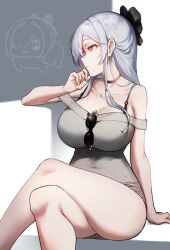 1girl absurdres black_choker black_ribbon breasts choker cinderella_(beautiful_me)_(nikke) cinderella_(nikke) cleavage collarbone dongtan_dress doro_(nikke) dress eyewear_hang goddess_of_victory:_nikke grey_dress grey_hair hair_ribbon highres jewelry large_breasts long_hair looking_to_the_side meme_attire necklace official_alternate_costume red_eyes ribbon sitting solo sunglasses undreaming unworn_eyewear