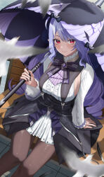 1girl bench black_nails blurry blush breasts brown_pantyhose closed_mouth depth_of_field dress frills highres holding holding_umbrella large_breasts long_hair looking_at_viewer mole mole_under_eye neck_ribbon pantyhose pointy_ears red_eyes ribbon silvertsuki sitting smile solo umbrella very_long_hair vivian_banshee white_dress zenless_zone_zero