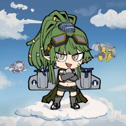 2girls ai-generated_art_(topic) arknights brown_eyes chibi cloud commentary commentary_request crossed_arms english_commentary gavial_(arknights) gavial_the_invincible_(arknights) goggles goggles_on_head green_hair high_ponytail italian_brainrot_ai_animals_(meme) meme mixed-language_commentary multiple_girls open_mouth pointy_ears ponytail sleepyowl_(jobkung15) solo_focus tomimi_(arknights)