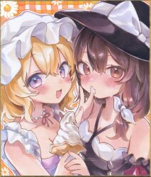 Rule 34 | 2girls, :d, black dress, black hat, blonde hair, blush, bow, breasts, brown eyes, brown hair, cleavage, collarbone, commentary, dress, food, food on hand, hair bow, hat, hat bow, highres, holding, holding food, holding ice cream, ice cream, jewelry, looking at viewer, maribel hearn, marker (medium), medium hair, moni monico, multiple girls, necklace, open mouth, purple dress, sleeveless, sleeveless dress, small breasts, smile, sweat, symbol-only commentary, touhou, traditional media, upper body, usami renko, white bow, white hat