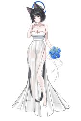 1girl absurdres alternate_costume animal_ear_fluff animal_ears bare_arms bare_shoulders black_eyes black_hair blue_archive blue_flower blush bouquet cat_ears cat_girl cat_tail closed_mouth dress flower highres holding holding_bouquet kikyou_(blue_archive) kiras72148338 looking_at_viewer medium_hair multiple_tails parted_bangs see-through_clothes see-through_dress shoes sidelocks solo tail thighhighs two_tails wedding_dress white_dress white_shoes white_thighhighs