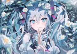 1girl aqua_eyes aqua_hair aqua_nails armpit_crease bare_shoulders black_ribbon blurry breasts bridal_gauntlets close-up closed_mouth depth_of_field detached_sleeves dot_nose double_horizontal_stripe eyelashes fingernails flower flower_request flower_ring foliage hair_between_eyes hair_flower hair_ornament hair_ribbon hatsune_miku horizontal-striped_ribbon jewelry leaf leaf_hair_ornament light_blush light_particles long_eyelashes long_hair looking_at_viewer medium_breasts miwano_rag neck_ribbon ornate_ring own_hands_clasped own_hands_together pink_ribbon plant pleated_sleeves ribbon ring sample_watermark shade sidelighting sidelocks sleeveless smile solo striped_ribbon triple_horizontal_stripe tsurime twintails upper_body very_long_hair vines vocaloid watermark wavy_hair white_flower wrist_flower wrist_ribbon