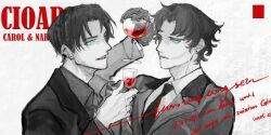 2boys alcohol arm_up black_gloves black_hair black_necktie black_suit blue_eyes collared_shirt cup curtained_hair english_text facial_hair formal_clothes gloves goatee_stubble green_eyes grey_shirt heterochromia highres holding holding_cup looking_at_another male_focus multiple_boys necktie open_mouth original red_wine scar scar_on_face shirt short_hair spot_color stubble suit upper_body white_background white_shirt wine wuruko