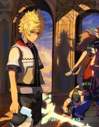 1girl 3girls absurdres axel_(kingdom_hearts) bare_shoulders black_hair black_pants blonde_hair blue_eyes blue_pants brown_hair closed_mouth commentary_request food hayner highres holding holding_food holding_popsicle jacket kawame626 kingdom_hearts kingdom_hearts_ii looking_at_viewer melting_popsicle multiple_boys multiple_girls olette open_clothes open_jacket orange_shirt pants pence popsicle roxas shadow shirt short_sleeves sleeveless sleeveless_shirt spiked_hair walking white_jacket
