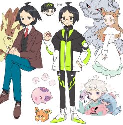 1girl 3boys ahoge bede_(pokemon) black_hair black_socks blonde_hair brown_footwear brown_jacket cheren_(pokemon) chibi chibi_inset closed_mouth collared_shirt commentary_request creatures_(company) crossed_legs curly_hair eneko_(olavcnkrpucl16a) flower_symbol galarian_form galarian_ponyta game_freak gen_2_pokemon gen_4_pokemon gen_5_pokemon gen_8_pokemon glasses green_pants hair_bobbles hair_ornament hand_on_own_hip hand_up hattrem highres holding igglybuff jacket jasmine_(pokemon) long_hair lopunny lucas_(pokemon) multiple_boys multiple_views munna necktie nintendo open_clothes open_jacket pants pawmi pokemon pokemon_(creature) pokemon_bdsp pokemon_bw pokemon_hgss pokemon_swsh shirt shoes short_hair sketch socks standing steelix two_side_up vest white_background white_shirt