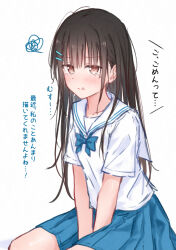 1girl annoyed black_hair blue_bow blue_bowtie blue_skirt blush bow bowtie breasts brown_eyes closed_mouth hair_ornament hairclip kutatsu_(kutatsu7) long_hair looking_at_viewer mole mole_under_eye original pleated_skirt pout sailor_collar school_uniform shirt short_sleeves simple_background skirt small_breasts solo white_background white_sailor_collar yuki_(kutatsu)
