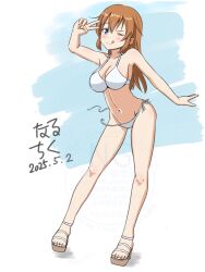 Rule 34 | 1girl, bikini, blue eyes, blush, breasts, brown hair, charlotte e. yeager, cleavage, closed mouth, collarbone, dated, full body, gluteal fold, highres, large breasts, long hair, looking at viewer, naruchisukisuki, navel, one eye closed, sandals, side-tie bikini bottom, simple background, smile, solo, strike witches, swimsuit, tongue, tongue out, v, wardrobe malfunction, white bikini, world witches series