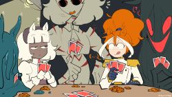 ... 5girls :&lt; ? a_mysterious_figure absurdres animal_ears ascot belt black_eyes blue_gloves blunt_bangs brown_eyes card carrot collared_shirt colored_sclera commentary constricted_pupils cuts dark-skinned_female dark_skin dot_nose eating english_commentary epaulettes food_in_mouth garbage_bin_(horse_race_tests) gloves hair_between_eyes hanging_light high_ponytail highres holding holding_card horse_ears horse_girl horse_race_tests injury jacket jitome jovial_merryment juliet_sleeves knighttime_knifemare lilpoplil2468 long_hair long_sleeves medium_hair monster monster_girl multicolored_hair multiple_girls notice_lines orange_hair poker_chip ponytail puffy_sleeves red_eyes red_sclera shirt slime_girl spoken_ellipsis streaked_hair superstitional_realism table tongue tongue_out twitter_username two-tone_hair uno_(game) very_long_hair white_hair white_jacket white_shirt white_streaks wide_ponytail